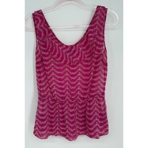 Gap Womens Magenta Pink Dotted Wave Peplum Tank Top Sheer Scoop Neck Sz S